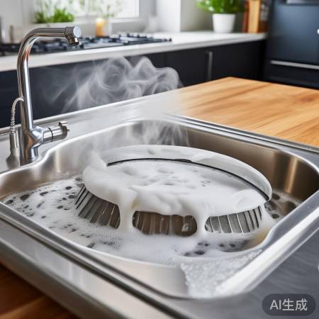 “油网泡热水+洗洁精刷洗”